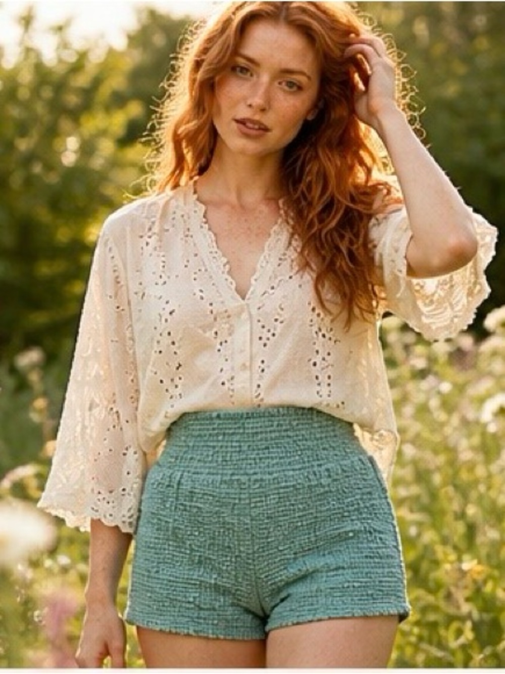NWT Umgee Dusty Mint Textured Knit Shorts | Smocked Waist Cottagecore | SZ M